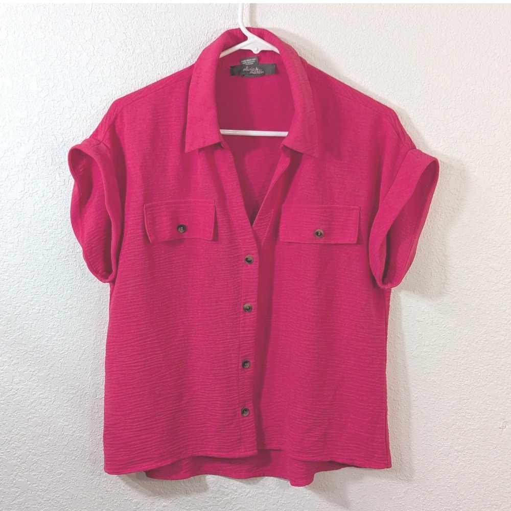 Olivia & Martin Womens Pink Textured Short Sleeve Button Down Utility Top Size M
